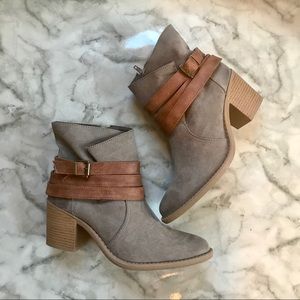 Taupe Faux Leather Heeled Ankle Boots with Buckle